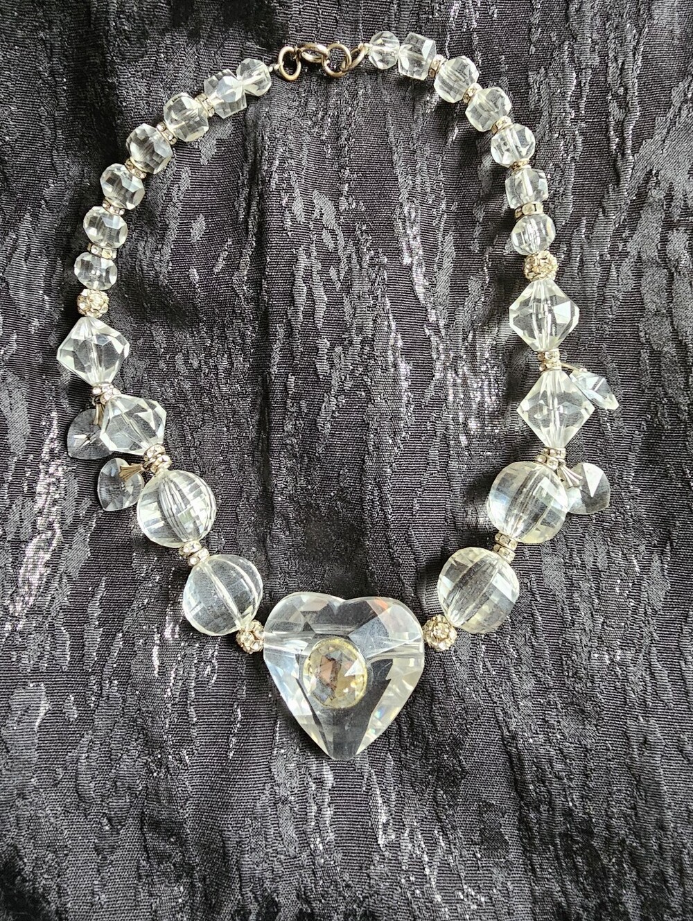 Vintage 80s, 90s Clear Acryllic Heart Statement Necklace with Rhinestones